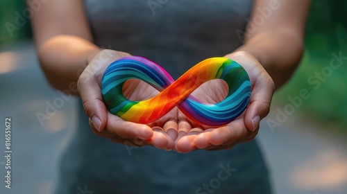 Woman hands holding two infinity loop with rainbow color. Autism symbol concept