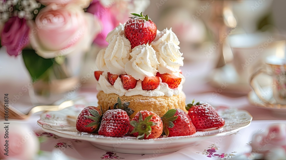 Strawberry shortcake with fresh whipped cream, high tea setting, elegant and classic Strawberry shortcake with fresh whipped cream, high tea setting, elegant and classic