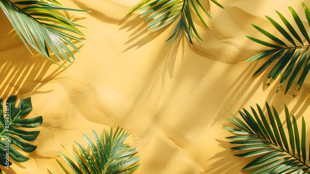Palm leaves and shadows on the yellow background, creating an abstract summer concept with copy space. Minimalist flat lay style Palm leaves and shadows on the yellow background, creating an abstract summer concept with copy space. Minimalist flat lay style