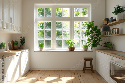 Cozy interior of kitchen with window in scandinavian style. Wooden white furniture i the kitchen and plants on a counter.