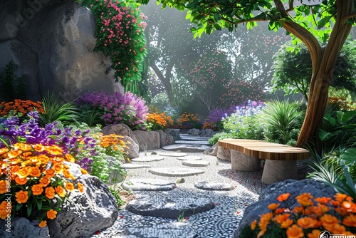 Learning in a serene garden with holographic tutors, nature and technology blend, vibrant colors, digital rendering photo
