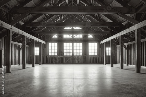 Spacious and modern empty barn interior with wooden beams and large windows