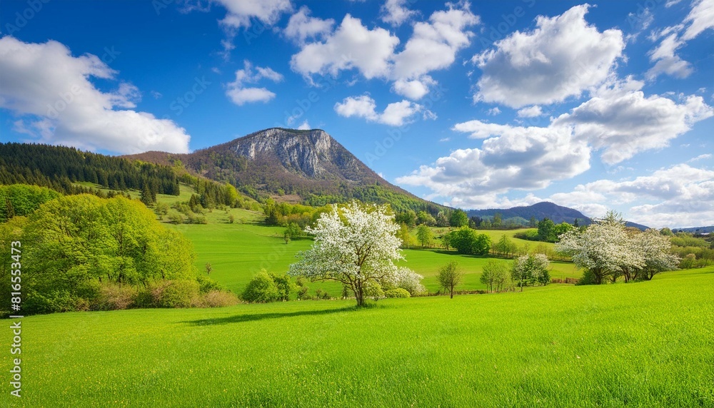 springtime rural landscape featuring lush green fields under a clear blue sky with fluffy clouds and a majestic mountain in the background This charming scener