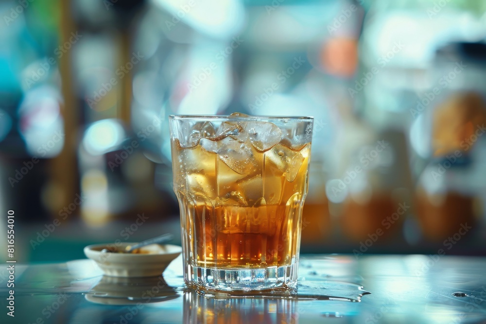 Vietnamese iced coffee in a glass on a table with blurred background Vietnamese iced coffee in a glass on a table with blurred background