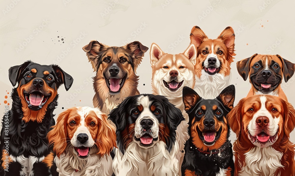 Group portrait of dogs of various shapes, sizes, and breeds. Stray pets with happy expression waiting for adoption. Group portrait of dogs of various shapes, sizes, and breeds. Stray pets with happy expression waiting for adoption.