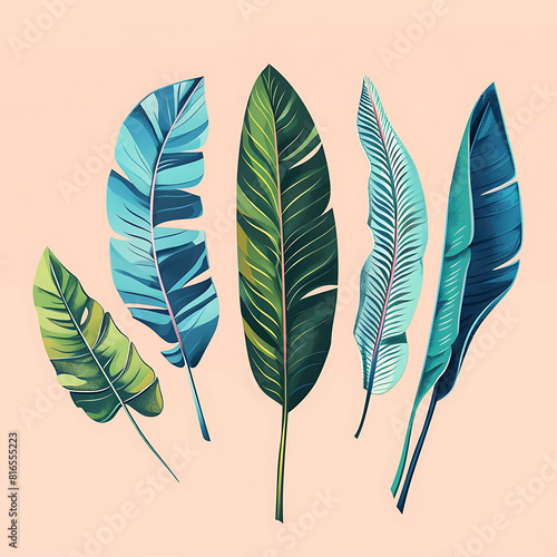 illustration graceful tropical leaves, set, in style of Carim Rashid as a separative photo