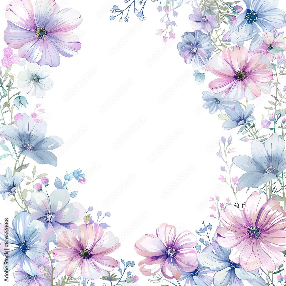 Fototapeta premium Elegant Watercolor Artwork Featuring Pink Cherry Blossoms and Verdant Green Leaves background with copy space. invitation card