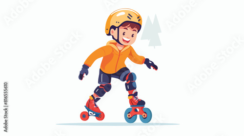 Happy boy skating on roller skates rolling shoes