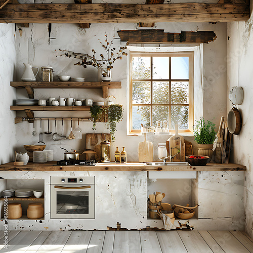 Interior of kitchen in rustic style with vintage kitchen ware and window. White furniture and wooden decor in bright indoor. Country style.