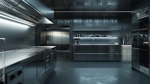 Sleek and futuristic kitchen interior with stainless steel appliances. Grey background. 8k, realistic, full ultra HD, high resolution and cinematic photography