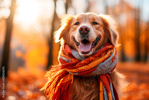 Cheerful beautiful dog with a scarf close-up in the park, portrait, autumn, outdoors