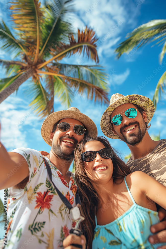 © SARATSTOCK - Smiling happy friends taking selfie photography at tropical beach with white sand and palm beach. Summer vacation in exotic resort, travel photo in a tropical paradise. © SARATSTOCK - Smiling happy friends taking selfie photography at tropical beach with white sand and palm beach. Summer vacation in exotic resort, travel photo in a tropical paradise.