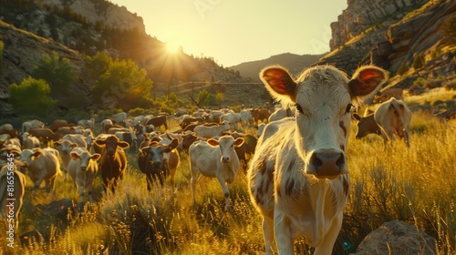 Herd of cows grazing in a mountain valley at sunrise, with a golden glow highlighting the tranquil landscape.