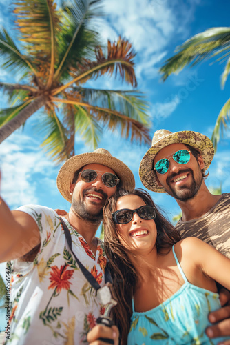 Smiling happy friends taking selfie photography at tropical beach with white sand and palm beach. Summer vacation in exotic resort, travel photo in a tropical paradise.  photo