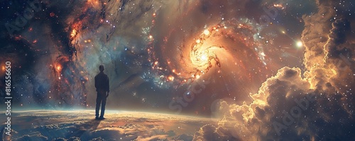 A man looking at an alternate universe. Colorful galaxy with stars and swirling vortex or black hole. photo