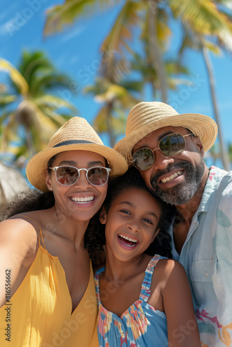 Smiling happy ethnic family taking selfie photography at tropical beach with white sand and palm beach. Summer vacation in exotic resort, travel photo in a tropical paradise. 