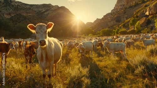 Herd of cows grazing in a mountain valley at sunrise, with a golden glow highlighting the tranquil landscape.