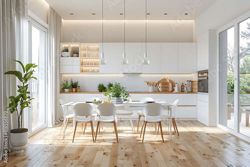 Kitchen interior with white furniture in scandinavian design and dining room with table and chairs. Interior of open space with wooden floor and window in new apartment in luxurious style.