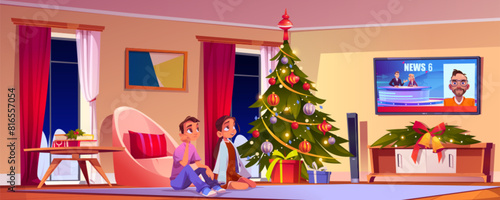 Kids sitting on floor of living room with Christmas tree and decorations watching tv breaking news about criminal man. Cartoon vector illustration of cozy home festive interior with teenagers. © klyaksun