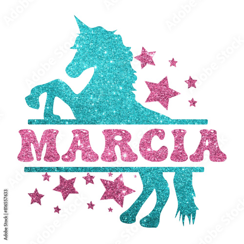 Marcia - pink glitter - name written in a frame with light blue glitter Unicorn and stars - vector graphic - for cards, baby shower, prints, cricut, silhouette, sublimation