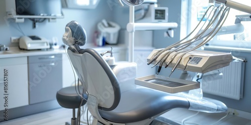 A clean, modern dental office with a dentist examining a patient with advanced equipment