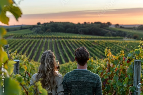 A couple enjoying a wine tasting at a vineyard with picturesque views