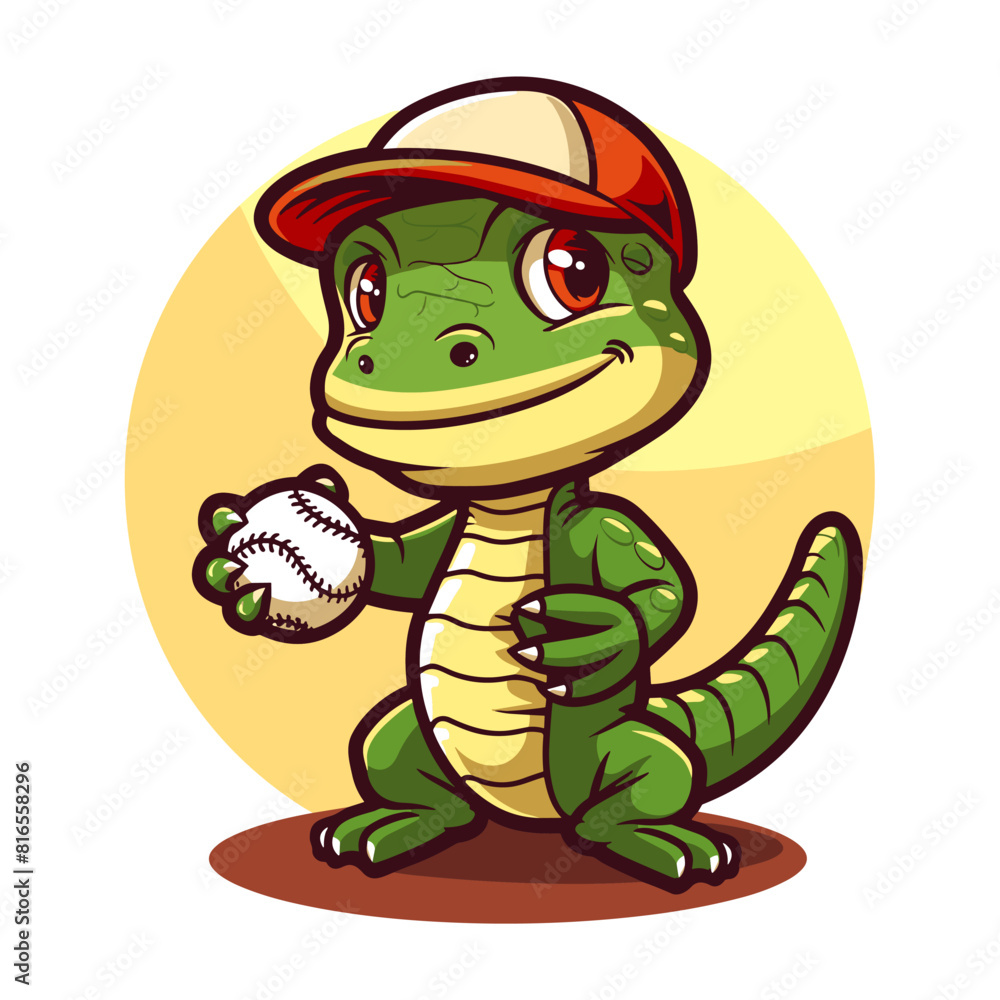 Fototapeta premium Cute Lizard Baseball Logo with hat : Adorable Mascot for Sports Team Baseball