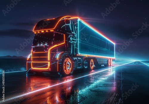 A high-tech self-driving semi truck with a cargo trailer drives at night  using sensors to scan its surroundings. Special effects show the truck being digitalized as it navigates autonomously.