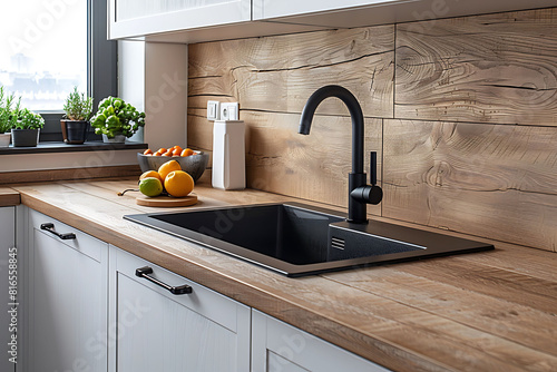Modern kitchen with kitchen sink with stylish faucet, white cabinets and wooden counter. Luxurious texture tiles on the wall in contemporary interior. Architecture in cozy style.