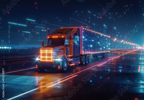 A high-tech self-driving semi truck with a cargo trailer drives at night  using sensors to scan its surroundings. Special effects show the truck being digitalized as it navigates autonomously.