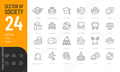 Sector of Society Editable Icons set. Vector illustration in modern thin line style of society's divisions related icons: private, public, nonprofit sector, and more. 