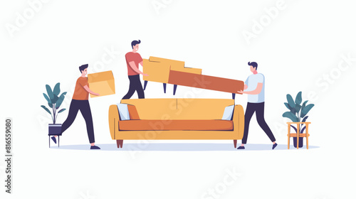 Happy people carrying sofa to refurnish living room.