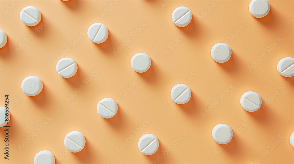 A high-angle shot of pills arranged neatly in a grid formation on a smooth, solid-colored surface, minimalistic pictures with pills A high-angle shot of pills arranged neatly in a grid formation on a smooth, solid-colored surface, minimalistic pictures with pills