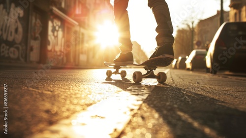 Shadowy figure of a person skateboarding down a street, sunset behind, highlighting alternative and youthful modes of transport