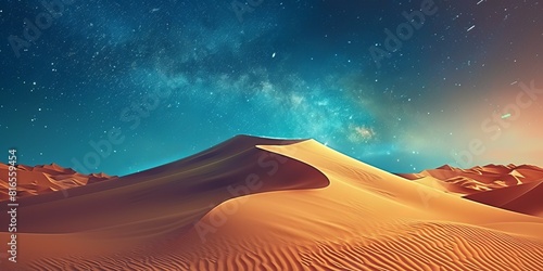 Desert Landscape with Sand Dunes and Blue Gradient Starry Sky. Empty Modern Wallpaper.