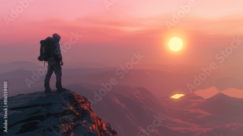 Silhouette of a traveler with a backpack standing on a mountain peak  overlooking a vast landscape at sunrise