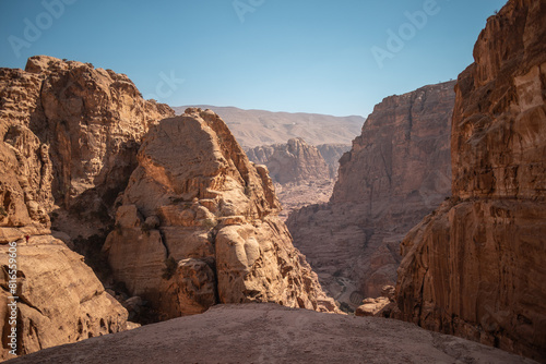 Scenic Landscape of Rocky Canyon in Jordan. Beautiful View of Stones in Ad Deir Trail in Petra. Middle East Scenery with Stone Rock Formations.