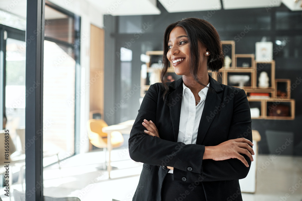 Arms crossed, business and black woman in office with thinking for career opportunity and corporate growth. African, lawyer girl and thoughts in workplace with ideas for future goals and legal case Arms crossed, business and black woman in office with thinking for career opportunity and corporate growth. African, lawyer girl and thoughts in workplace with ideas for future goals and legal case