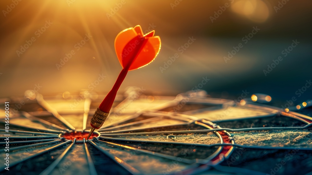 bullseye target or dart board has red dart arrow throw hitting the center of a shooting for business targeting and winning goals business concepts. bullseye target or dart board has red dart arrow throw hitting the center of a shooting for business targeting and winning goals business concepts.