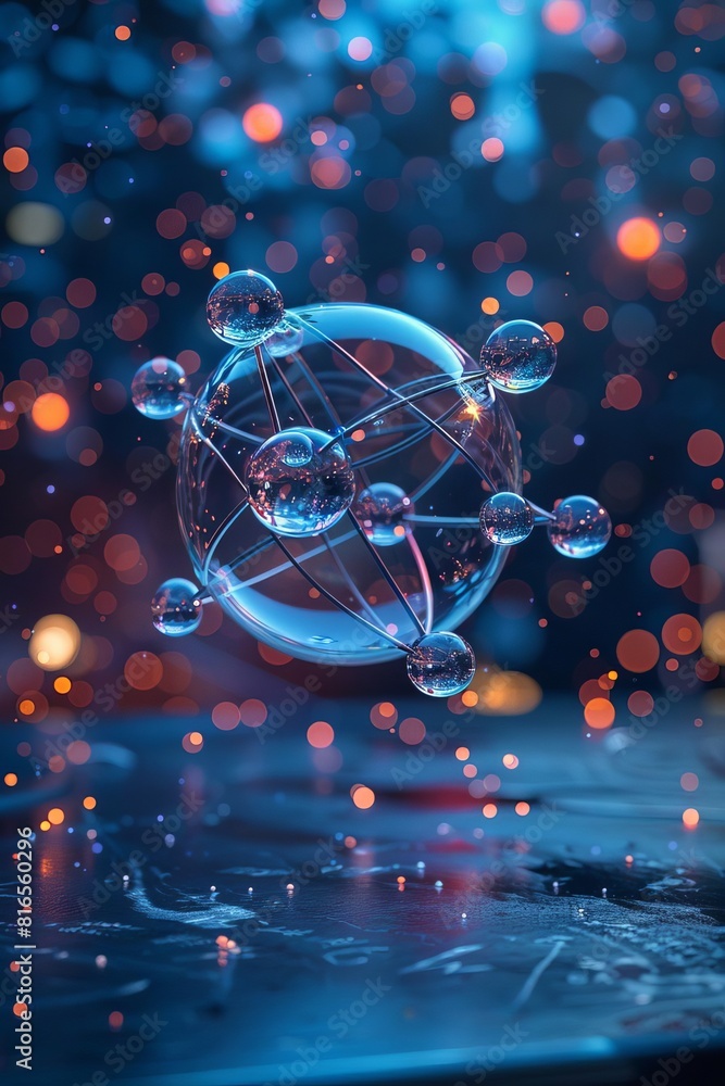 a 3D molecule or atom, set against a scientific themed backdrop a 3D molecule or atom, set against a scientific themed backdrop