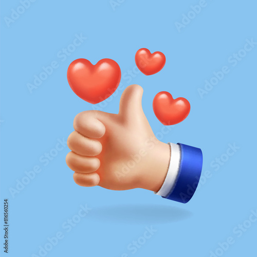 3D cartoon thumb up hand gesture with heard isolated on blue background. Like sign. Social media ok yes icon. Vector 3d illustration © lightgirl