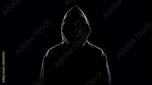 Mysterious man wit hoodie in silhouette isolated on black background : Generative AI photo