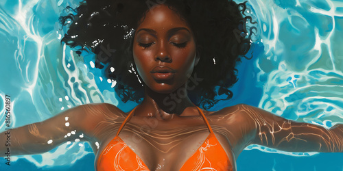Wallpaper Mural Beautiful black african american woman in vibrant orange suit relaxing in blue swimming pool in a tropical resort in a summer hot day.
 Torontodigital.ca