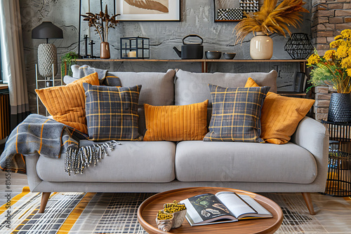 The stylish boho compostion at living room interior with design gray sofa, wooden coffee table, commode and elegant personal accessories. Honey yellow pillow and plaid. Cozy apartment. Home decor. photo