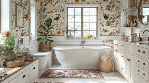 Serene ambiance in a white bathroom adorned with various floral wallpaper and elegant decorative touches