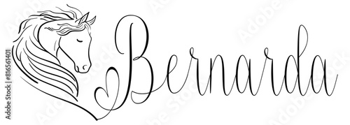 Bernarda - black color - name written - vector graphics with stylized horse with heart - for websites, greetings, banners, cards, tag, t-shirt, sweatshirt, prints, cricut, silhouette, scrapbooking 