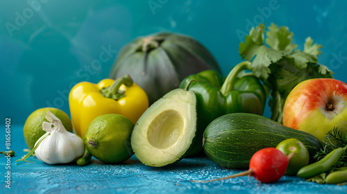 Composition with green fresh fruits and vegetables 