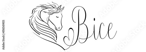Bice - black color - name written - vector graphics with stylized horse with heart - for websites, greetings, banners, cards, tag, t-shirt, sweatshirt, prints, cricut, silhouette, scrapbooking 