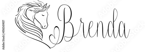 Brenda - black color - name written - vector graphics with stylized horse with heart - for websites, greetings, banners, cards, tag, t-shirt, sweatshirt, prints, cricut, silhouette, scrapbooking  photo