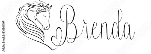 Brenda - black color - name written - vector graphics with stylized horse with heart - for websites, greetings, banners, cards, tag, t-shirt, sweatshirt, prints, cricut, silhouette, scrapbooking 